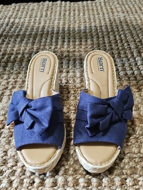 Børn Adalia Navy Blue Fabric Bow Wedge Sandals - Size 9